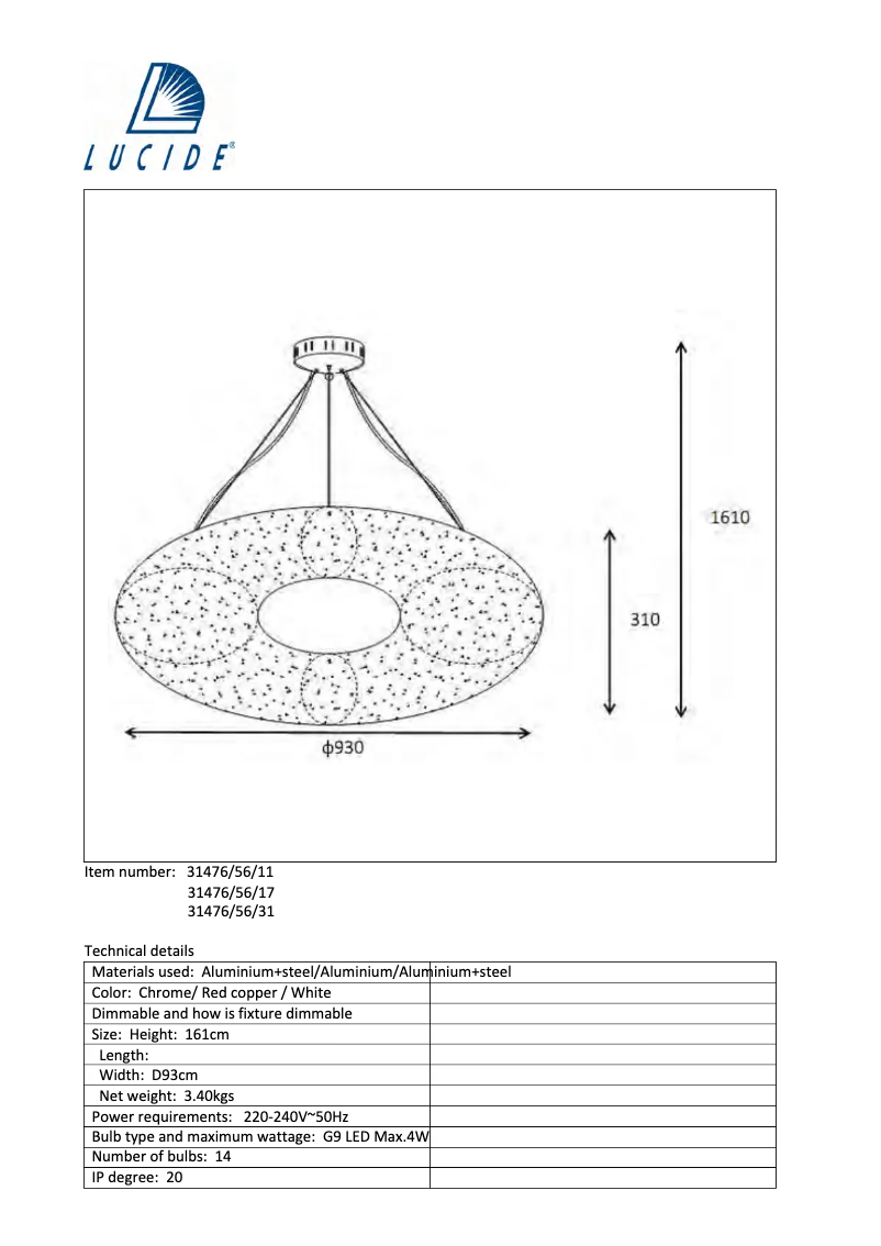 Page 1 de la notice Manuel utilisateur Lucide Galileo 31476/56/11