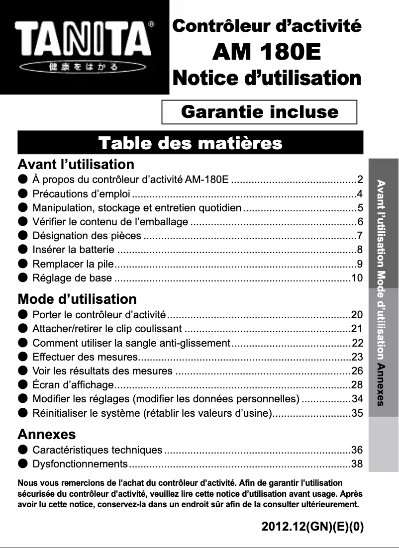 Page 1 de la notice Manuel utilisateur Tanita AM-180E