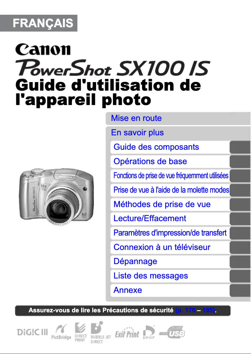 Page 1 de la notice Manuel utilisateur Canon PowerShot SX100 IS