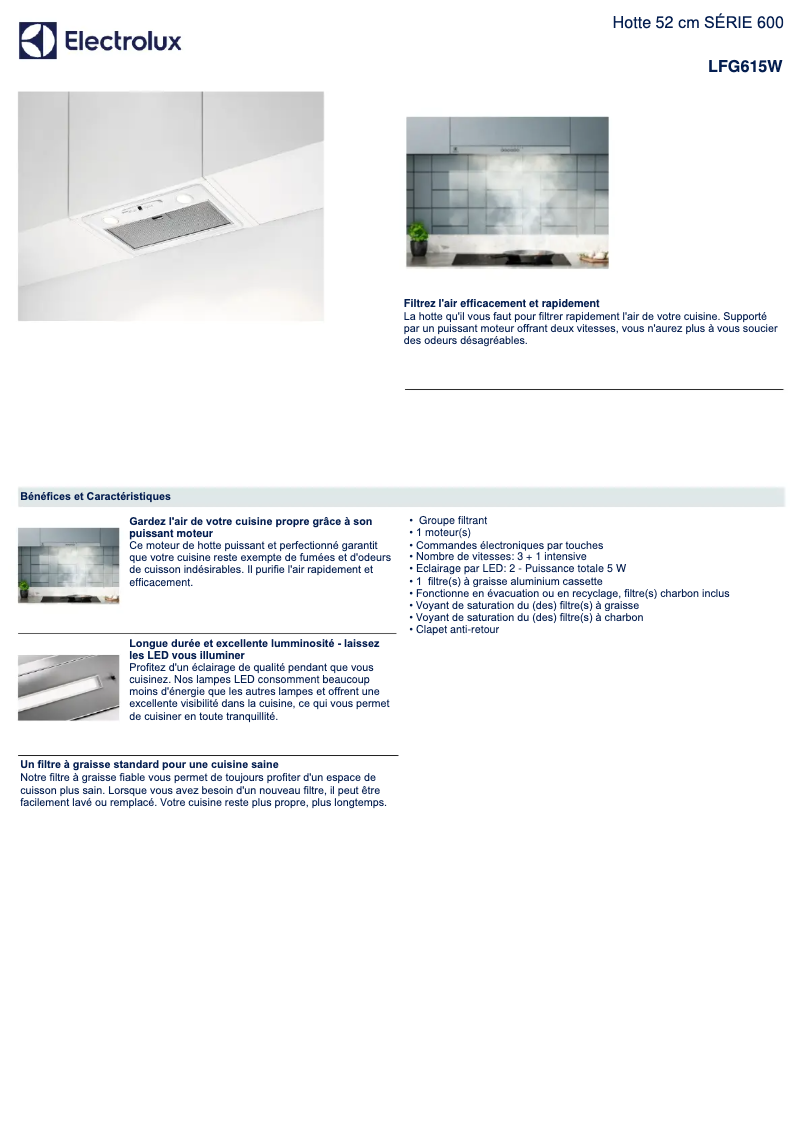 Page 1 de la notice Fiche technique Electrolux LFG615W