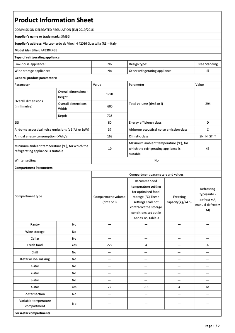 Página 1 del manual Folleto Smeg FAB30RPG5