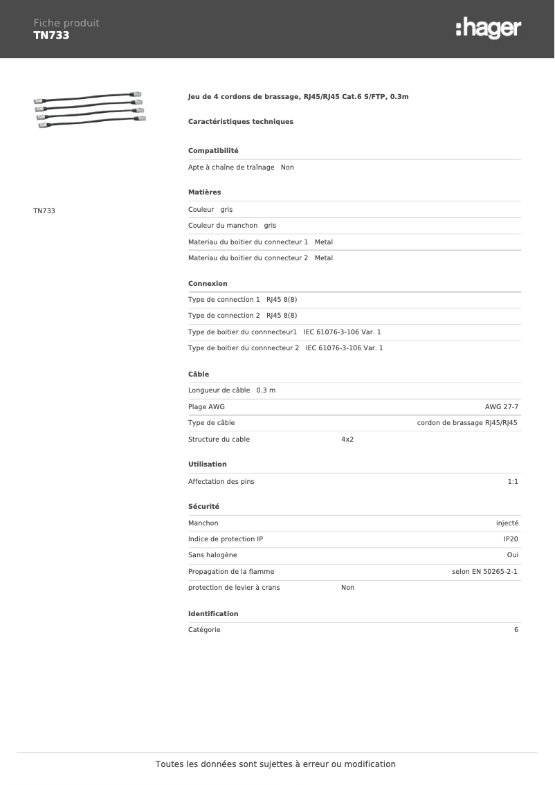 Page 1 de la notice Fiche technique Hager TN733