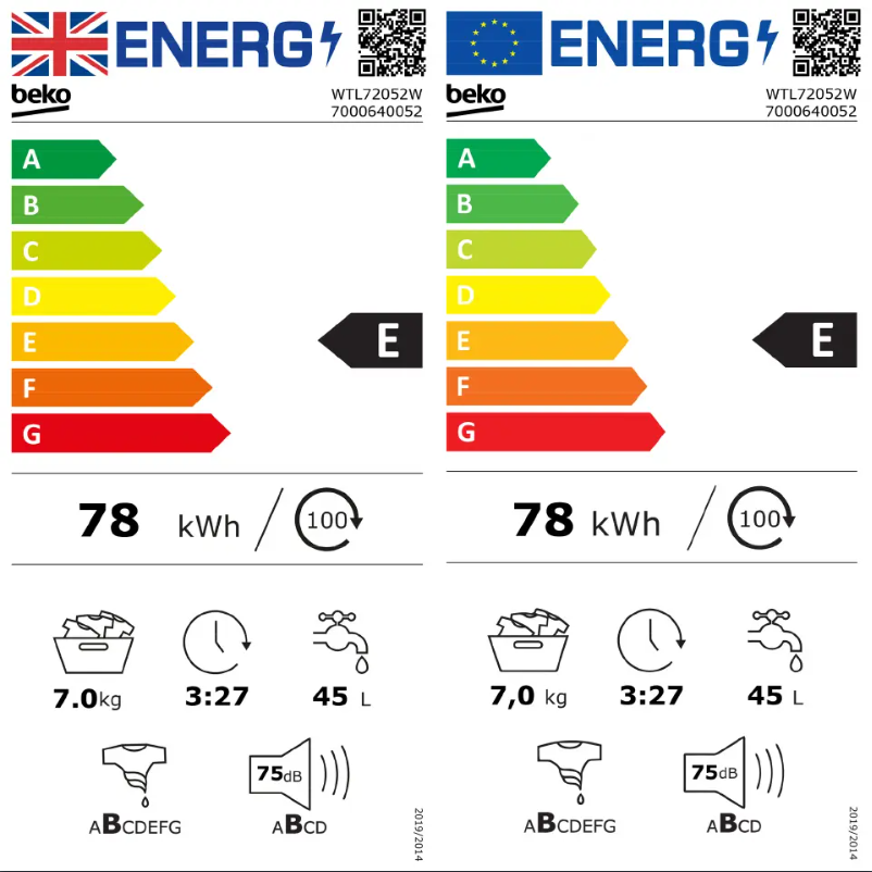 Page 1 de la notice Label énergétique Beko WTL72052