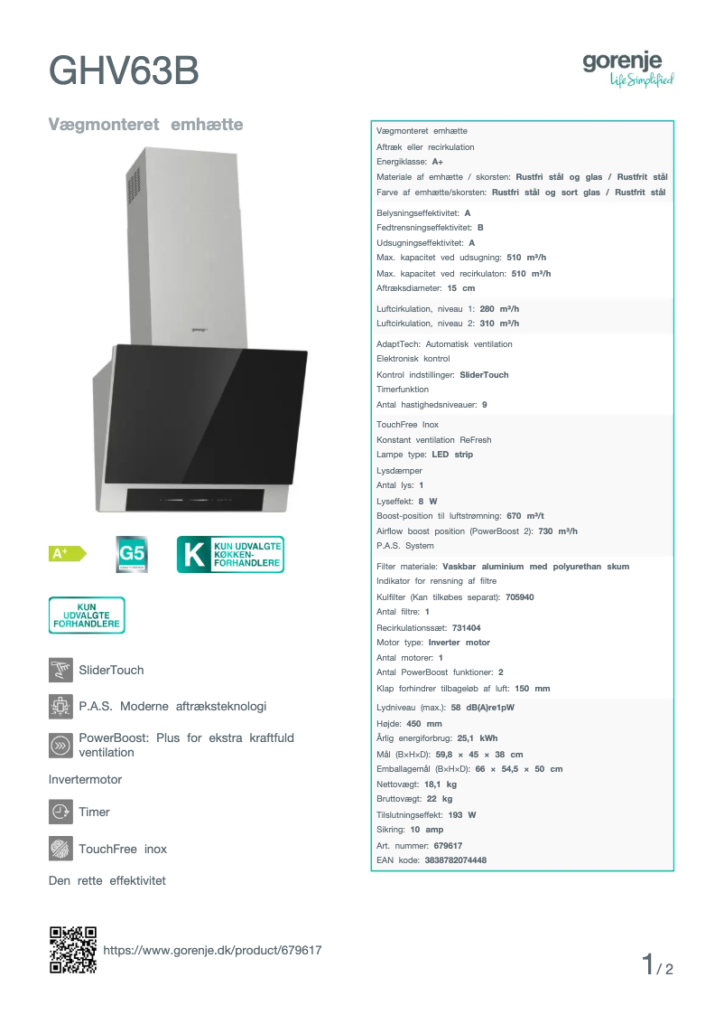 Page n°1 - Fiche technique Gorenje GHV63B