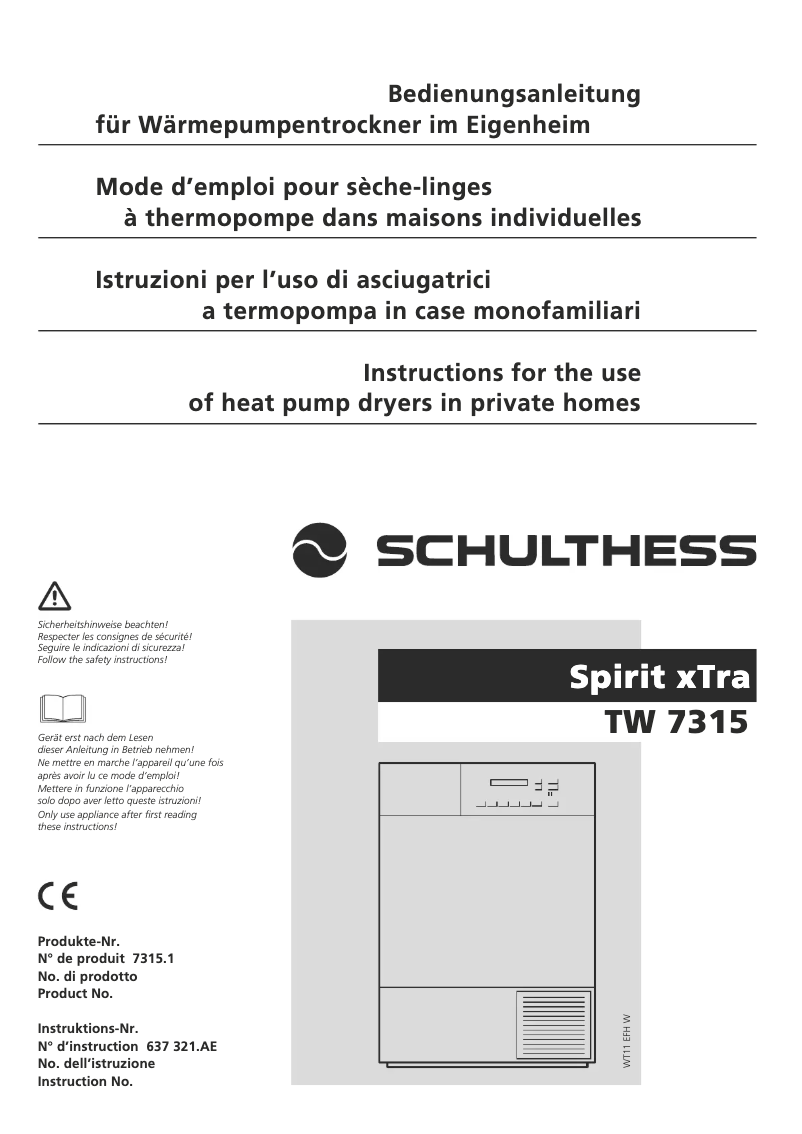 Page 1 de la notice Manuel utilisateur Schulthess Spirit xTra TW 7315