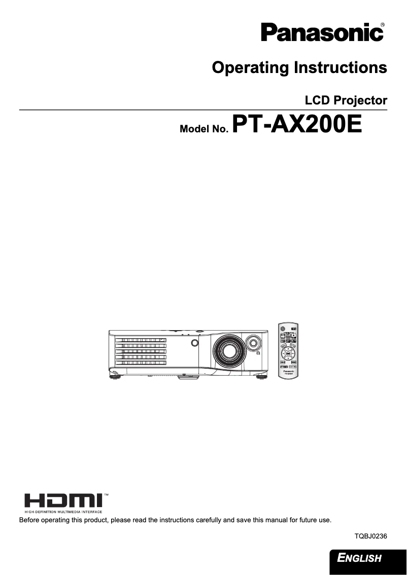 Page n°1 - Manuel utilisateur Panasonic PT-AX200E