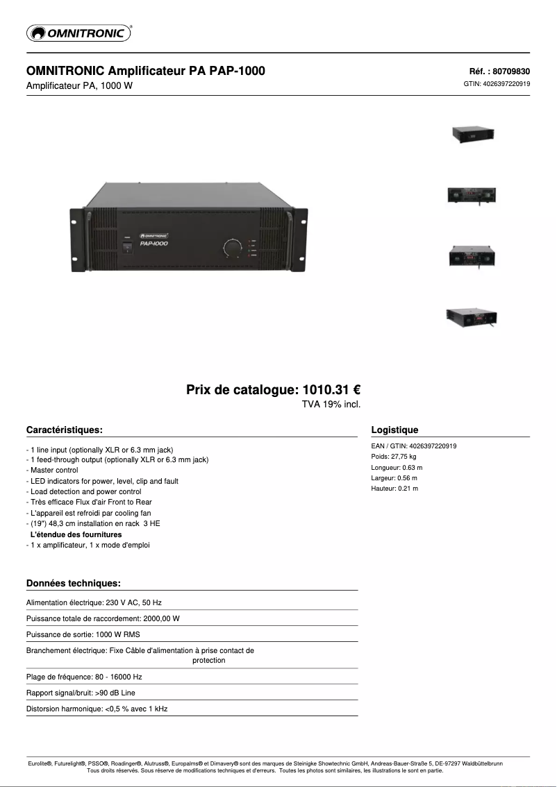 Page 1 de la notice Fiche technique Omnitronic PAP-1000