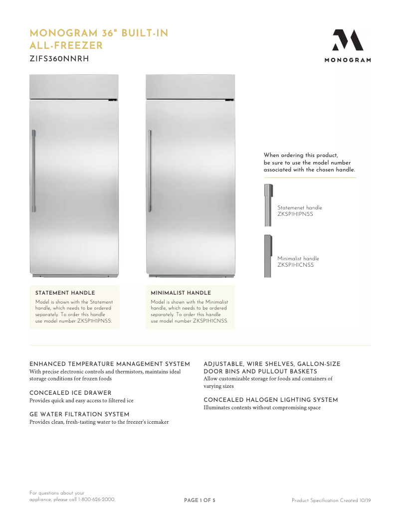 Page 1 de la notice Fiche technique Monogram ZIFS360NNRH