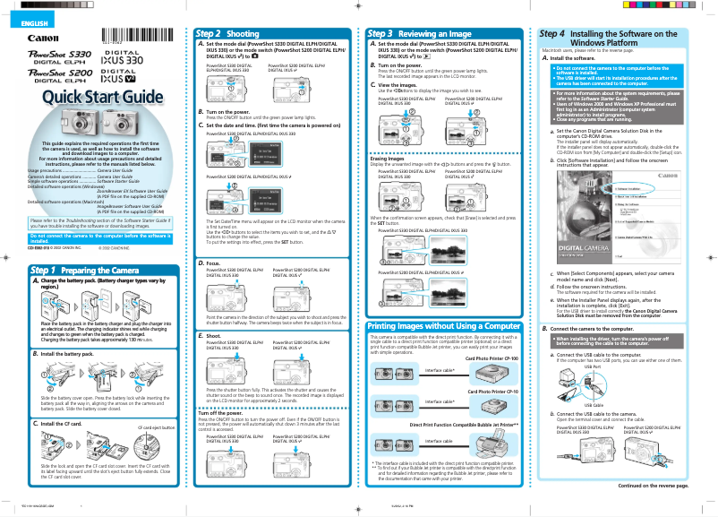 Page 1 de la notice Guide de démarrage rapide Canon IXUS V2