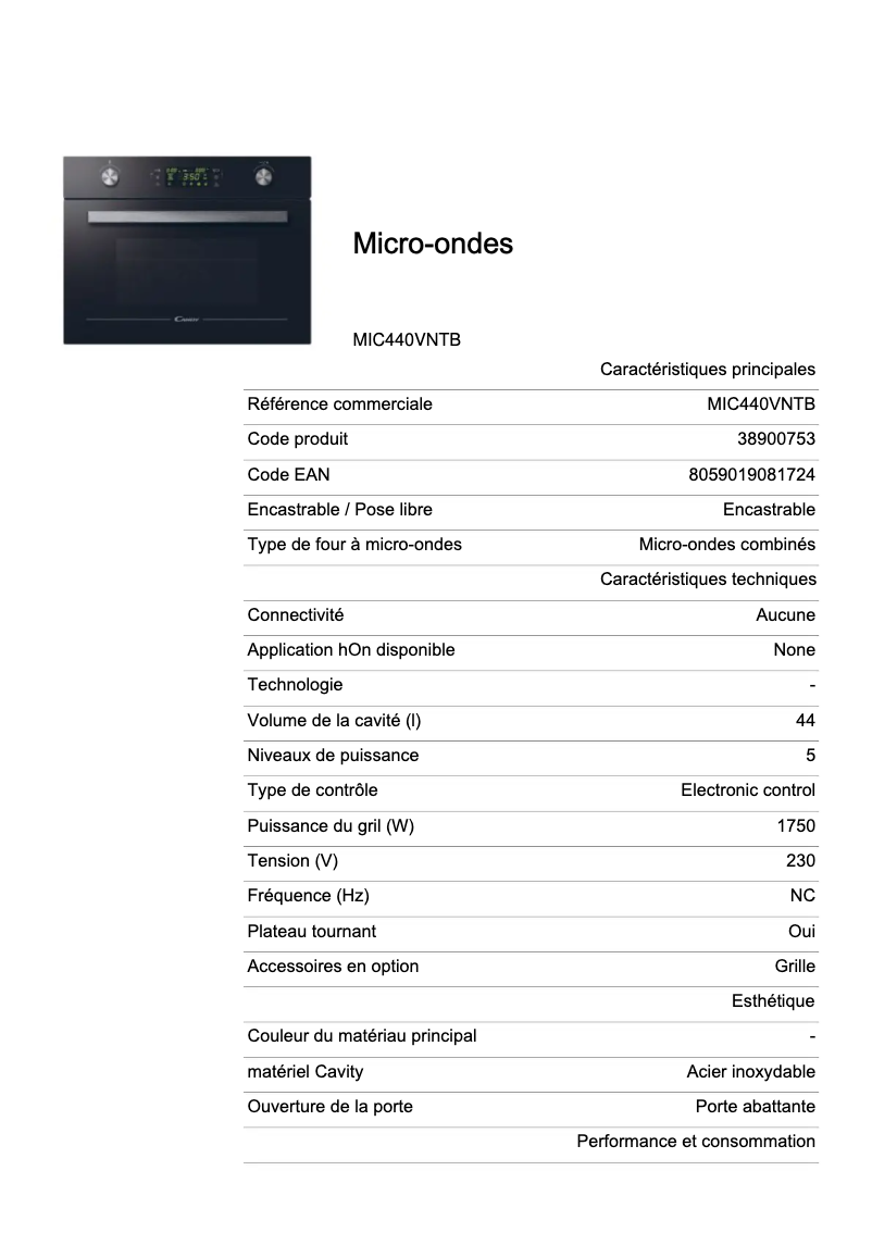 Page 1 de la notice Fiche technique Candy MIC440VNTB