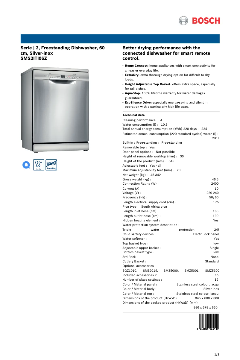 Page n°1 - Fiche technique Bosch SMS2ITI06Z