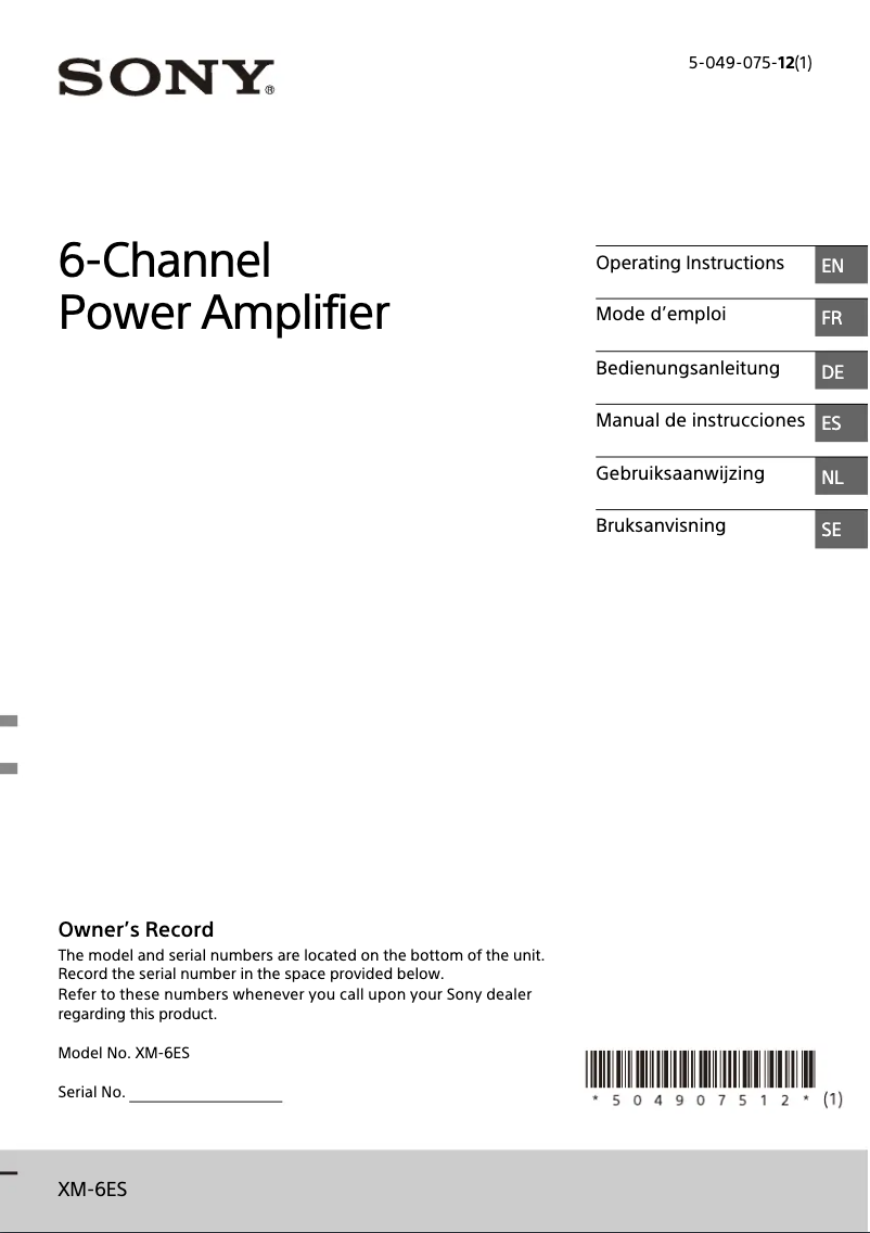 Page 1 de la notice Manuel utilisateur Sony XM-6ES