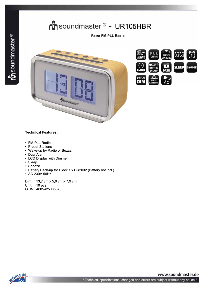 Page 1 de la notice Fiche technique Soundmaster UR105HBR