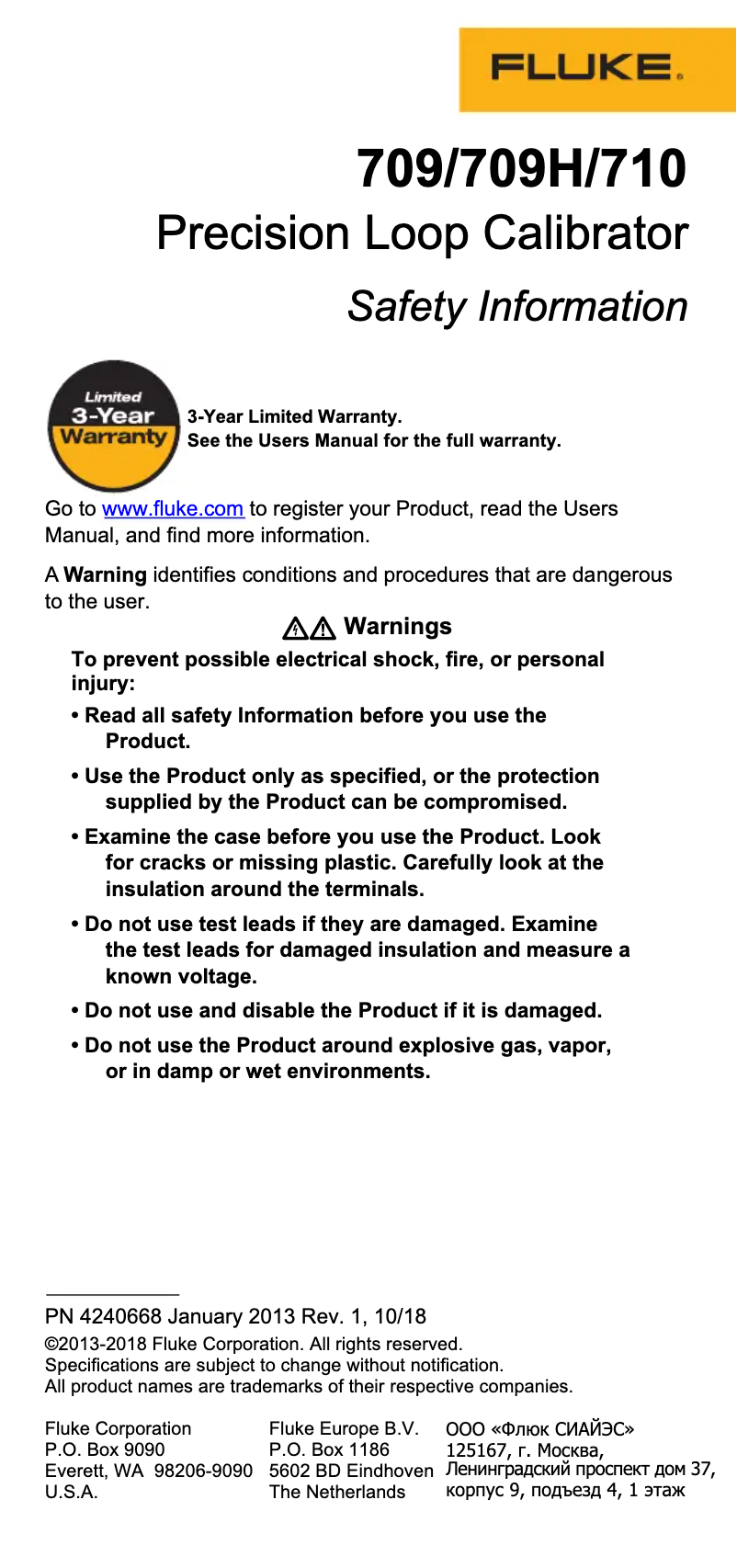 Page 1 de la notice Instructions de sécurité Fluke 710