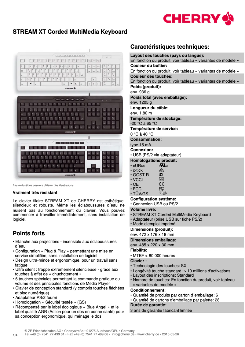Page 1 de la notice Fiche technique Cherry Stream XT