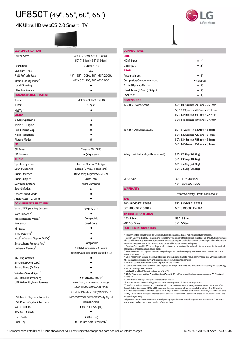 Page n°1 - Fiche technique LG 49UF850T