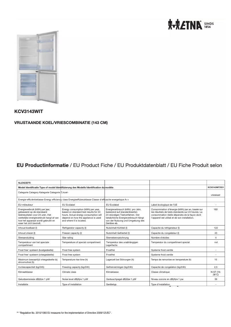 Page 1 de la notice Fiche technique Etna KCV3143WIT