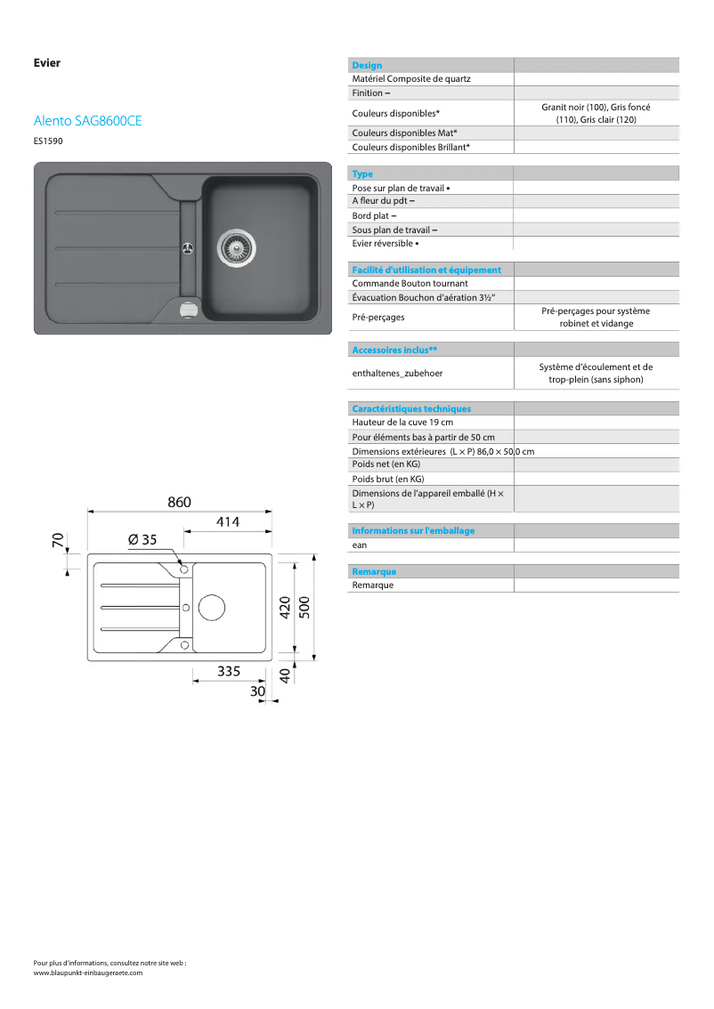 Page n°1 - Fiche technique Blaupunkt Alento SAG8600CE