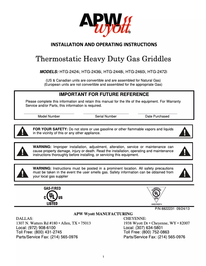 Page n°1 - Manuel utilisateur APW Wyott HTG-2436i