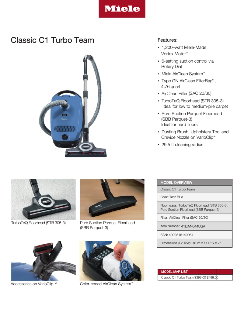 Page 1 de la notice Fiche technique Miele Classic C1 Turbo Team