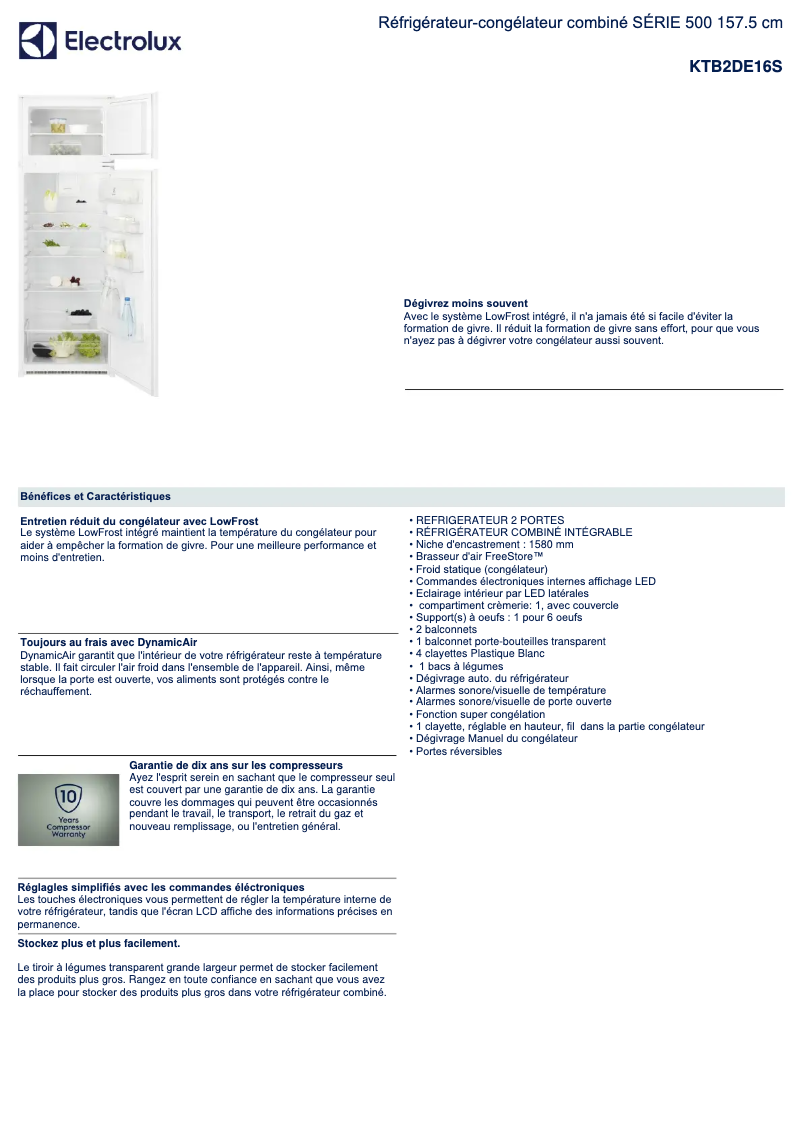Page 1 de la notice Fiche technique Electrolux KTB2DE16S