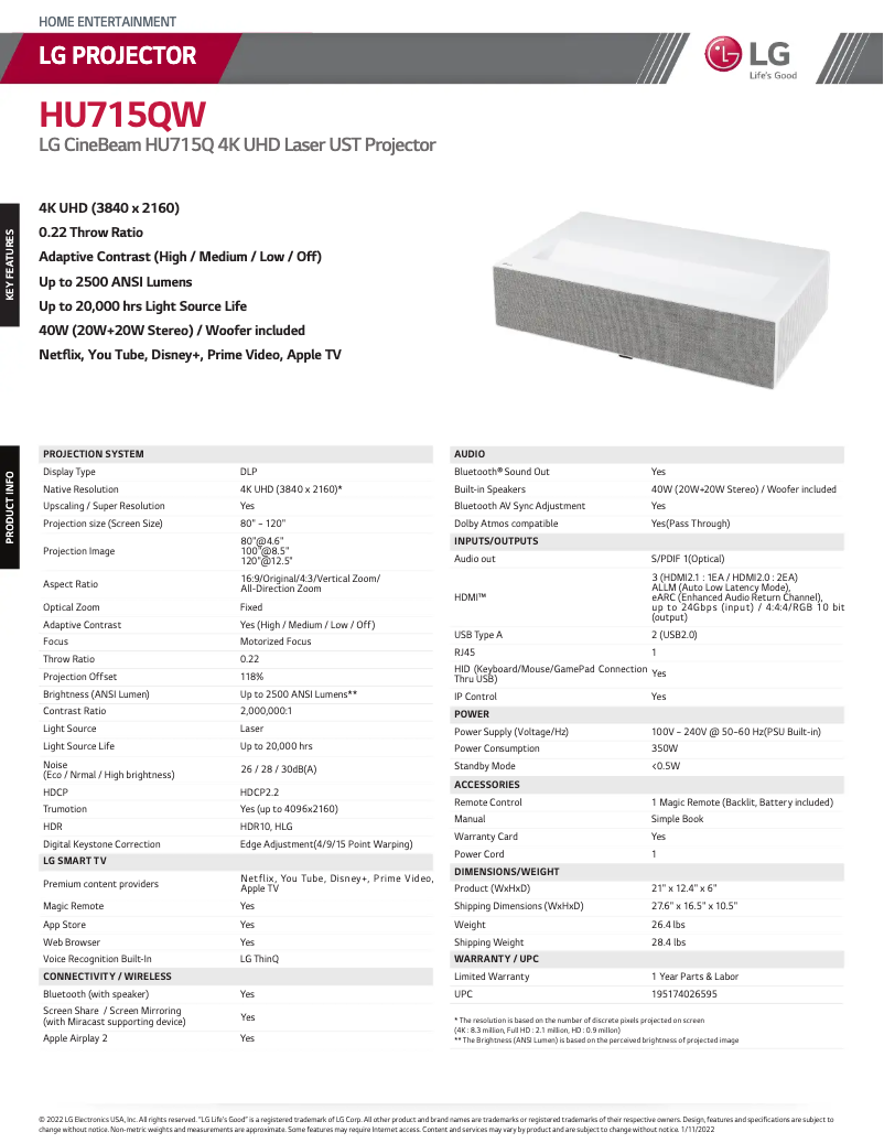 Page 1 de la notice Fiche technique LG CineBeam HU715QW
