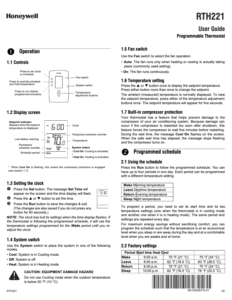 Page 1 de la notice Manuel utilisateur Honeywell RTH221