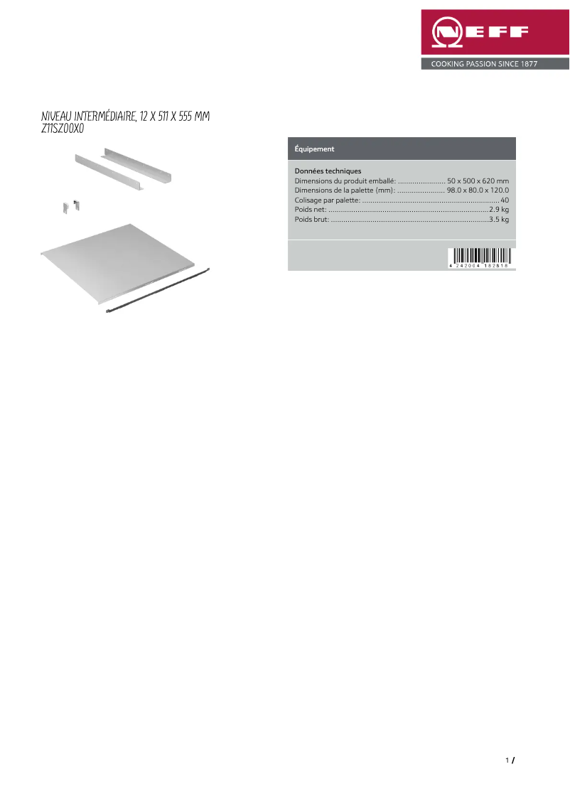 Page 1 de la notice Fiche technique Neff Z11SZ00X0