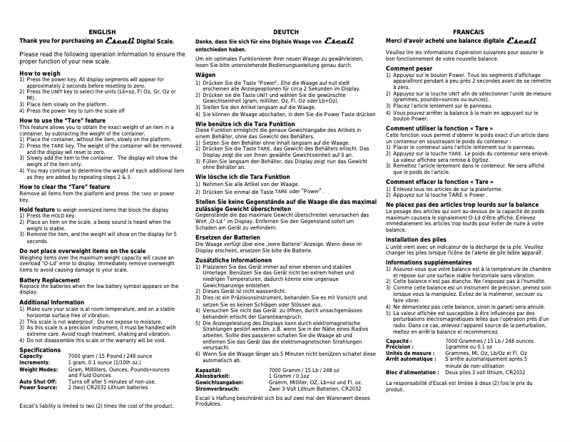 Page n°1 - Manuel utilisateur Escali ECO157