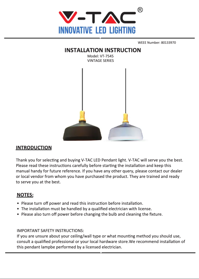 Page 1 de la notice Manuel utilisateur V-TAC VT-71406
