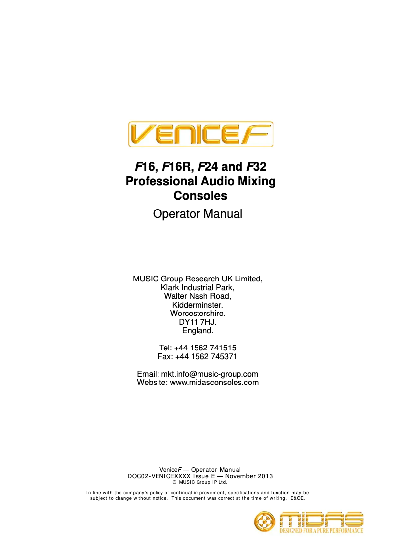 Page 1 de la notice Manuel utilisateur Midas Venice VF16R