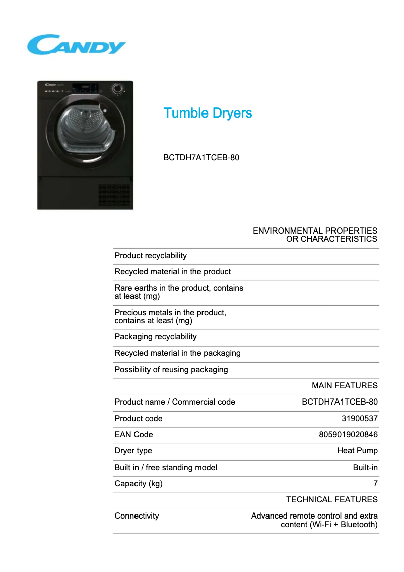 Page 1 de la notice Fiche technique Candy BCTDH7A1TCEB-80