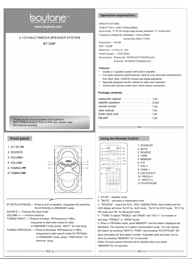 Página 1 del manual Manual de usuario Boytone BT-326F
