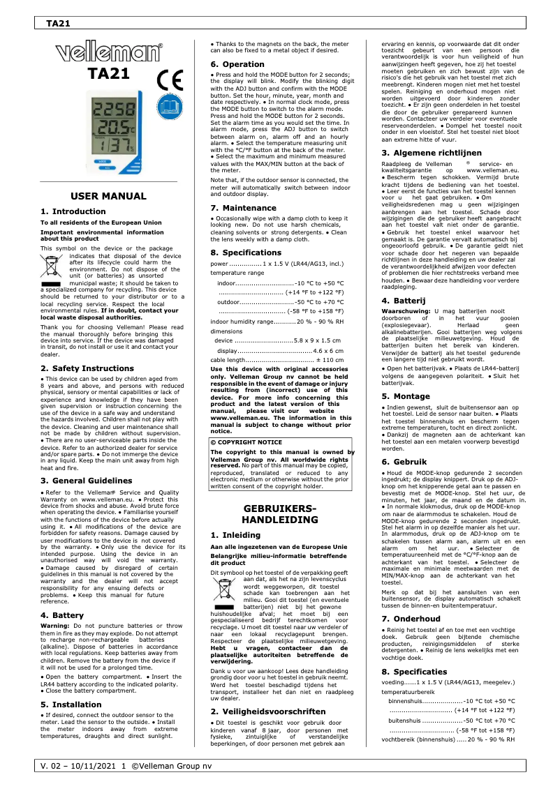 Page 1 of the manual User Manual Perel TA21