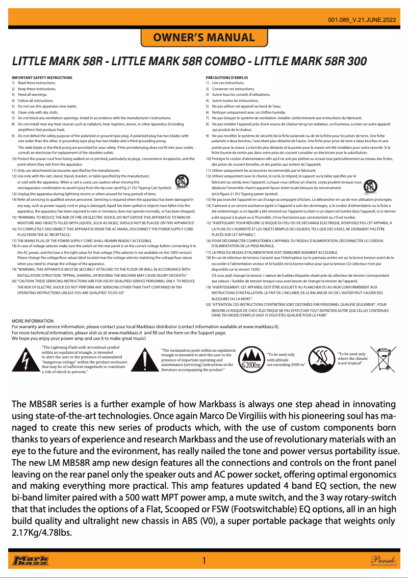 Page n°1 - Manuel utilisateur Markbass Little Mark 58R