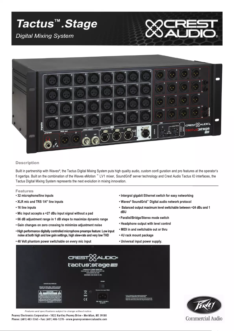 Page n°1 - Fiche technique Crest Audio Tactus Stage
