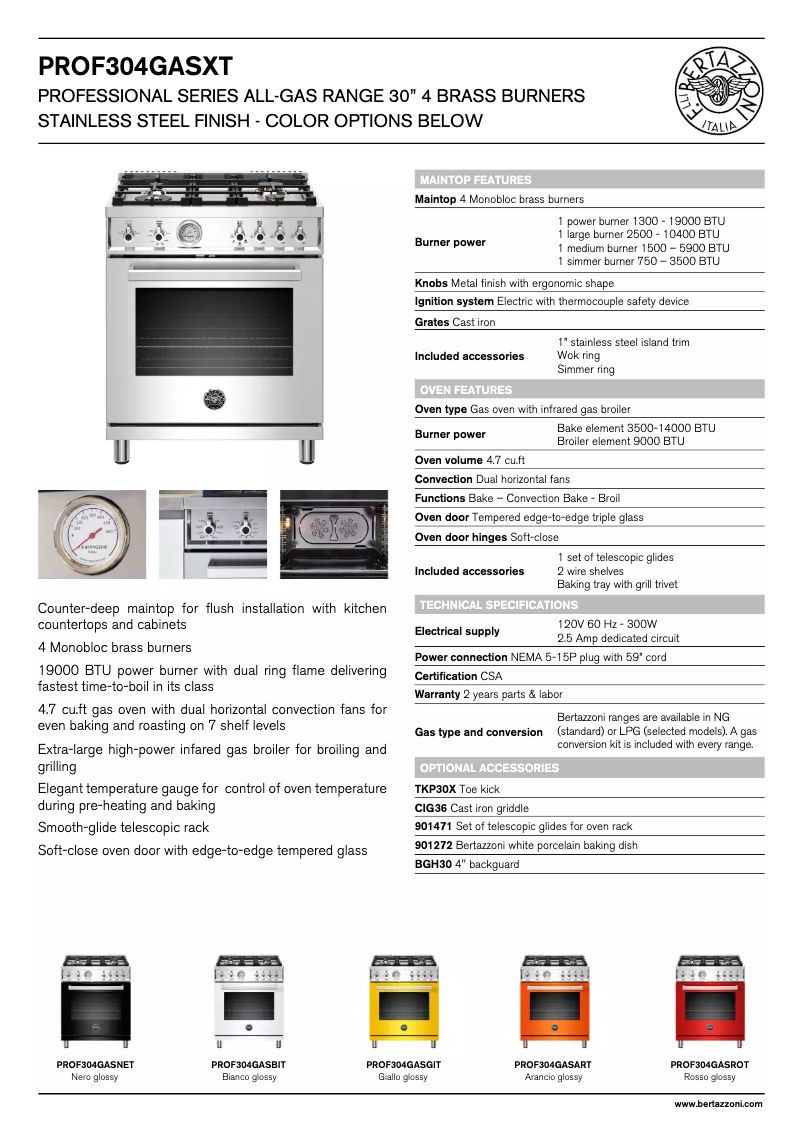 Page 1 de la notice Fiche technique Bertazzoni PROF304GASNET