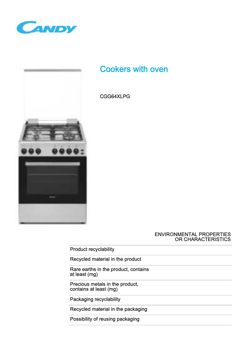 Page 1 de la notice Fiche technique Candy CGG64XLPG