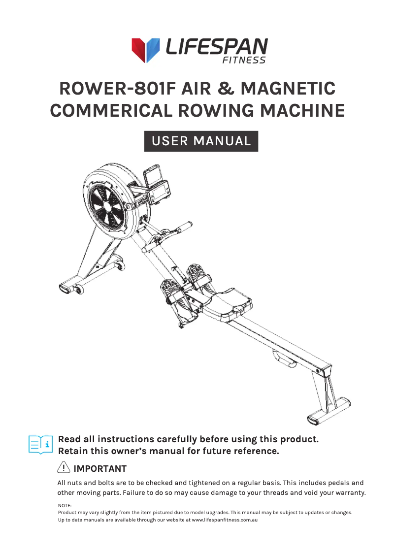 Page n°1 - Manuel utilisateur LifeSpan ROWER-801F