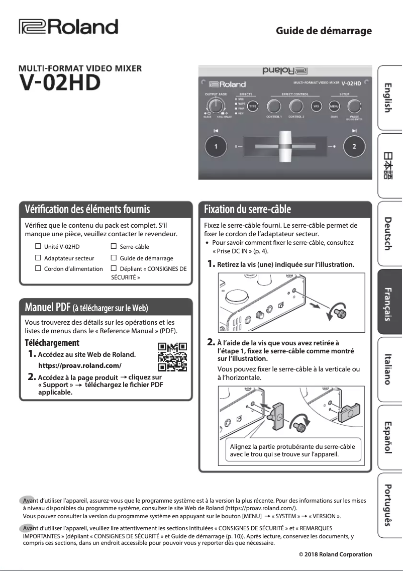 Page 1 de la notice Guide d'installation Roland V-02HD