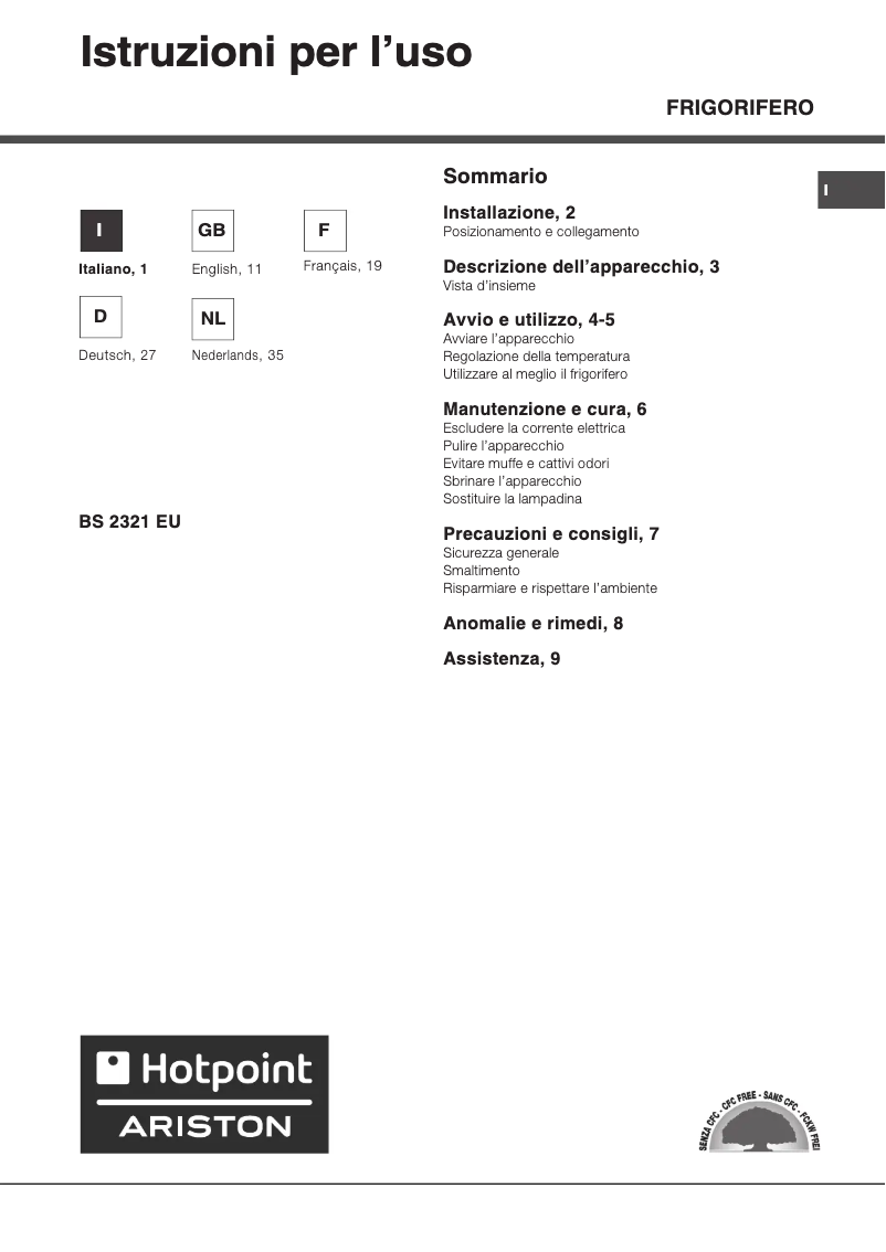 Page n°1 - Manuel utilisateur Hotpoint Ariston BS 2321