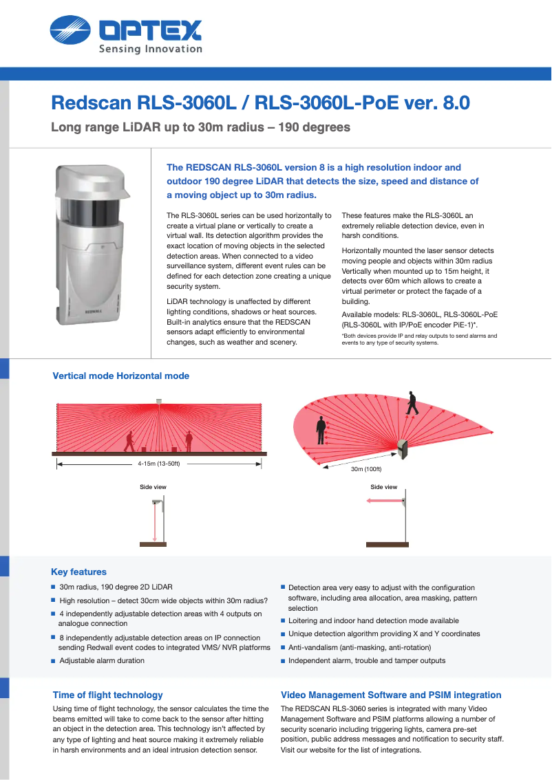 Page 1 de la notice Fiche technique Optex RLS-3060L