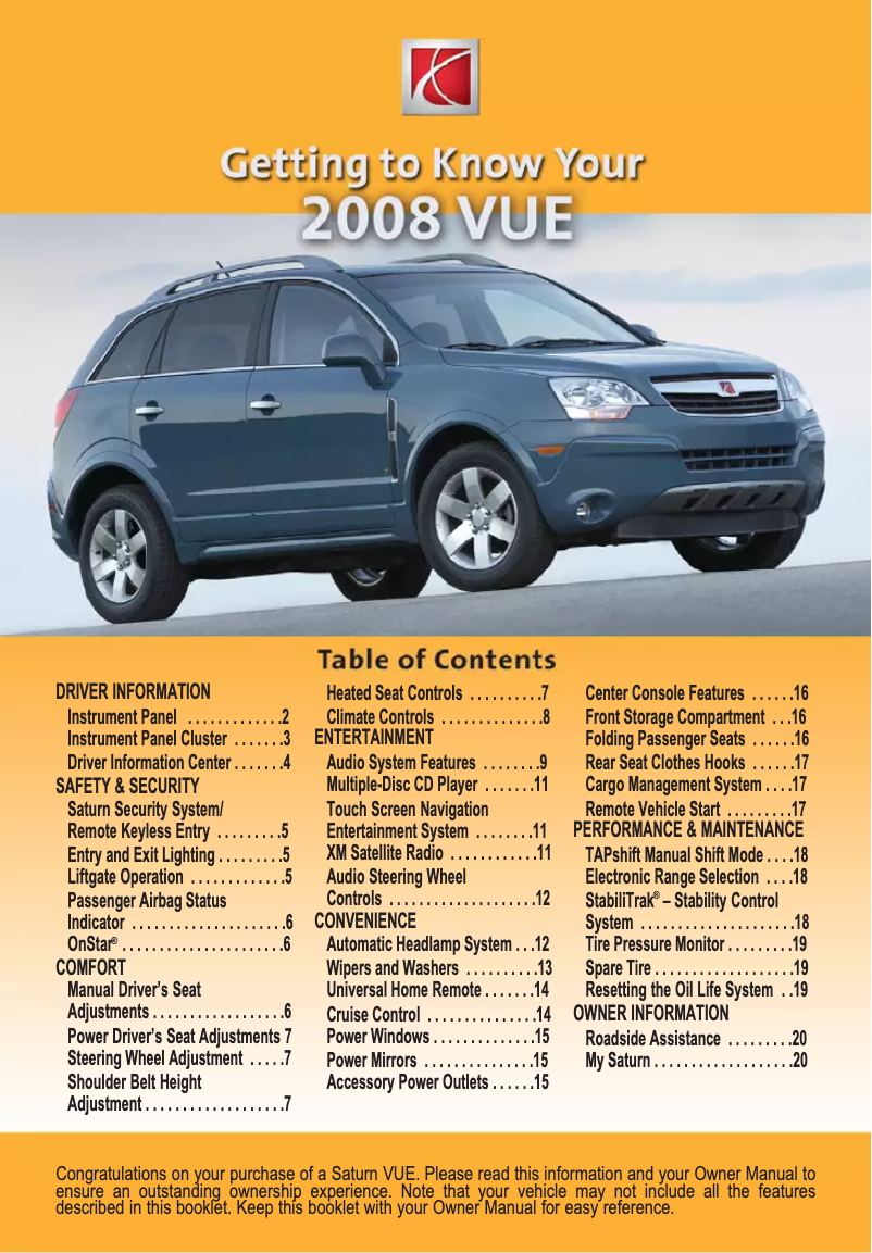 Image de la première page du manuel de l'appareil Vue (2008)