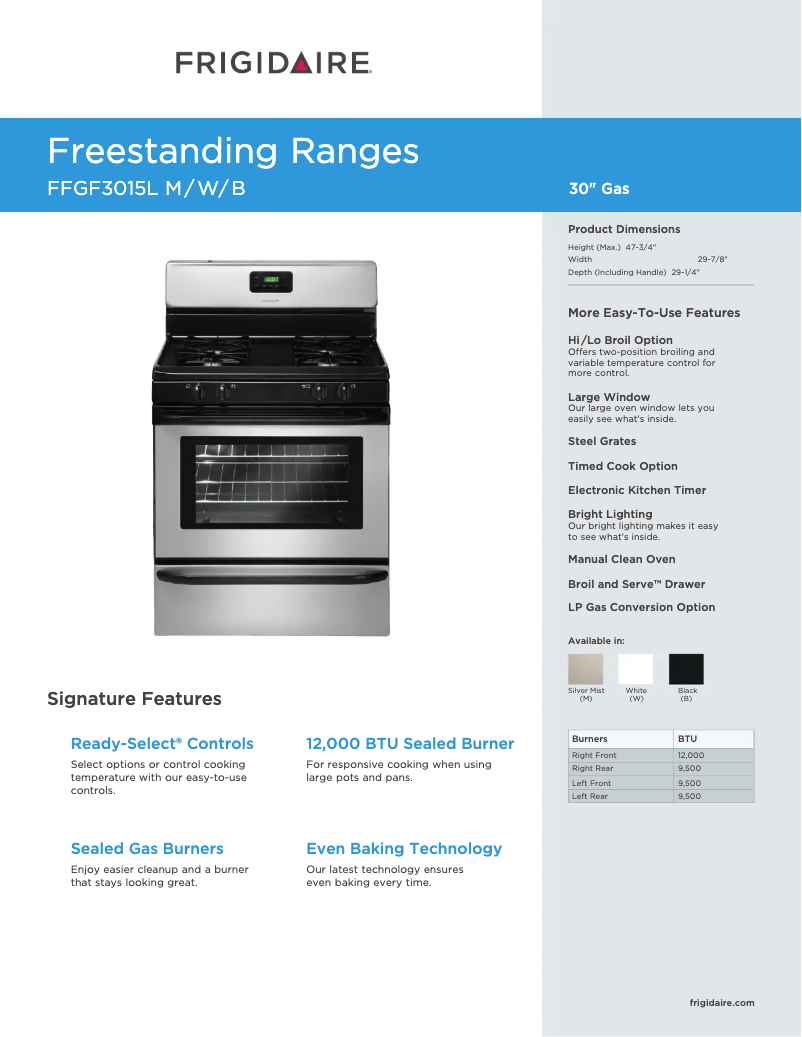 Page 1 de la notice Fiche technique Frigidaire FFGF3015L