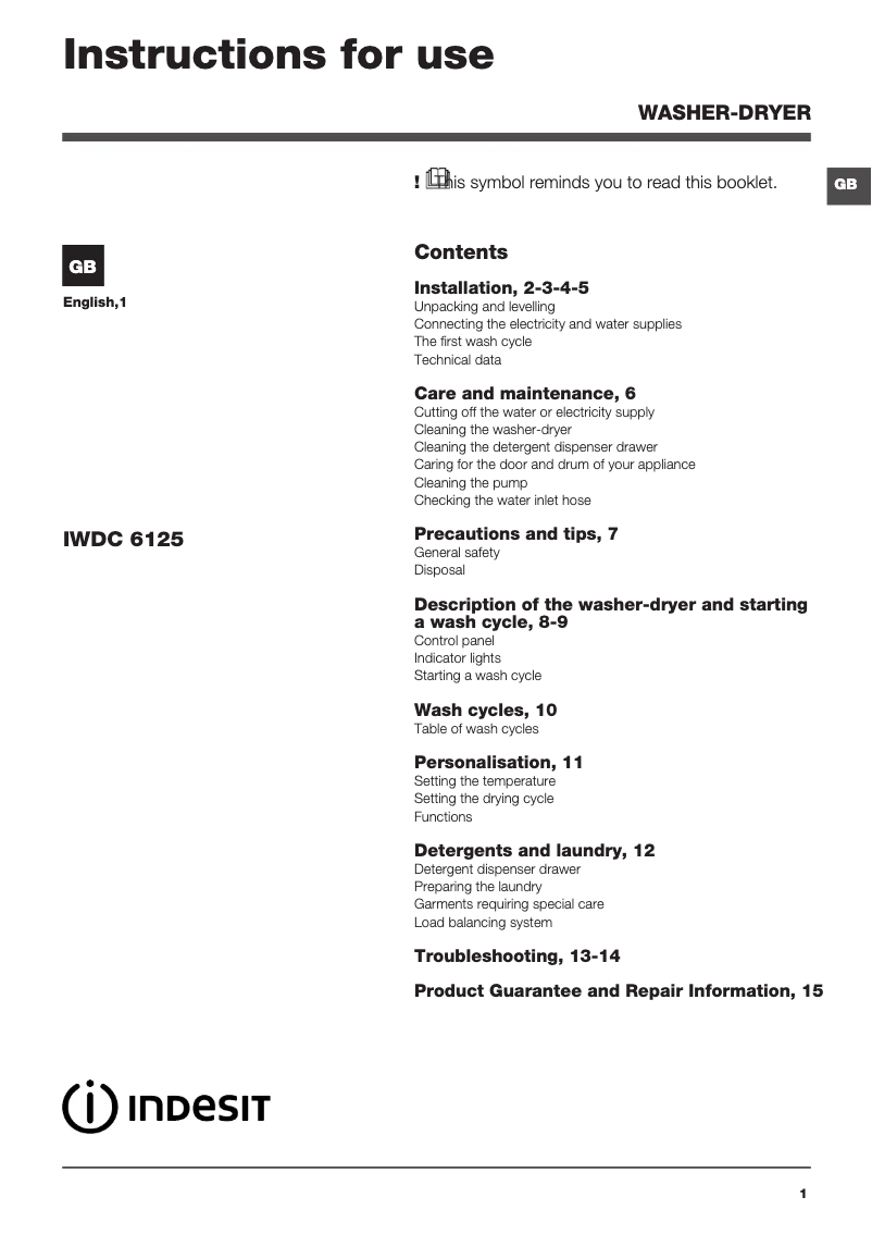 Page n°1 - Instructions / montage Indesit IWDC 6125 UK