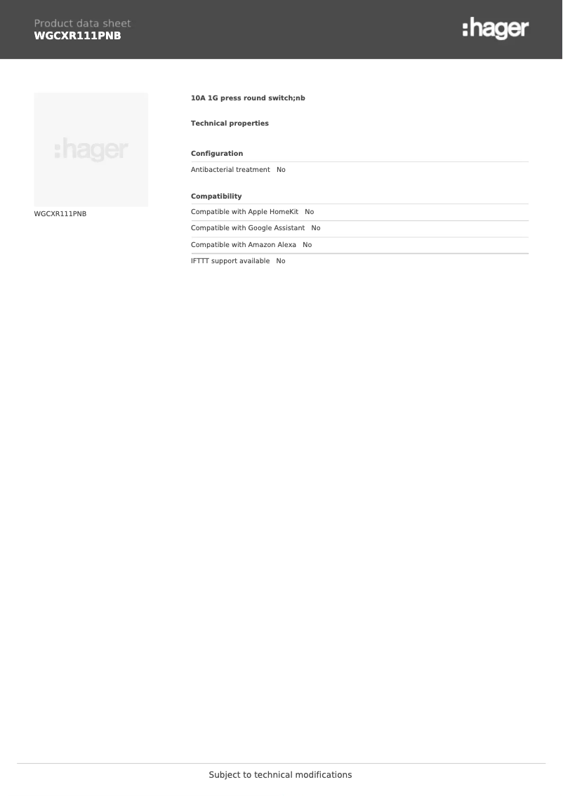 Page 1 de la notice Fiche technique Hager WGCXR111PNB