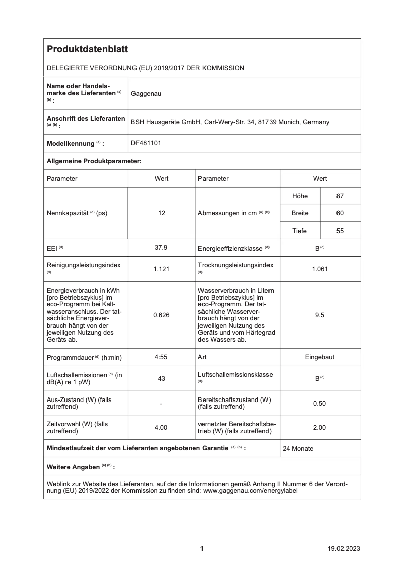 Page n°1 - Fiche technique Gaggenau DF481101
