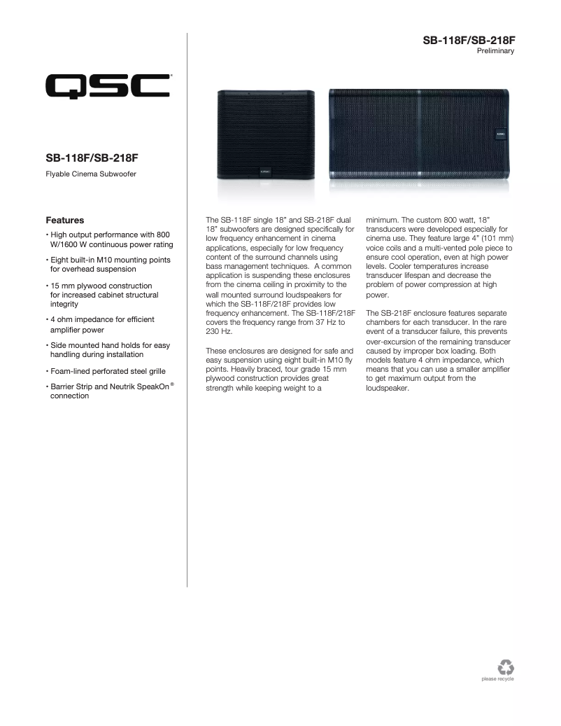 Page n°1 - Fiche technique QSC SB-218F