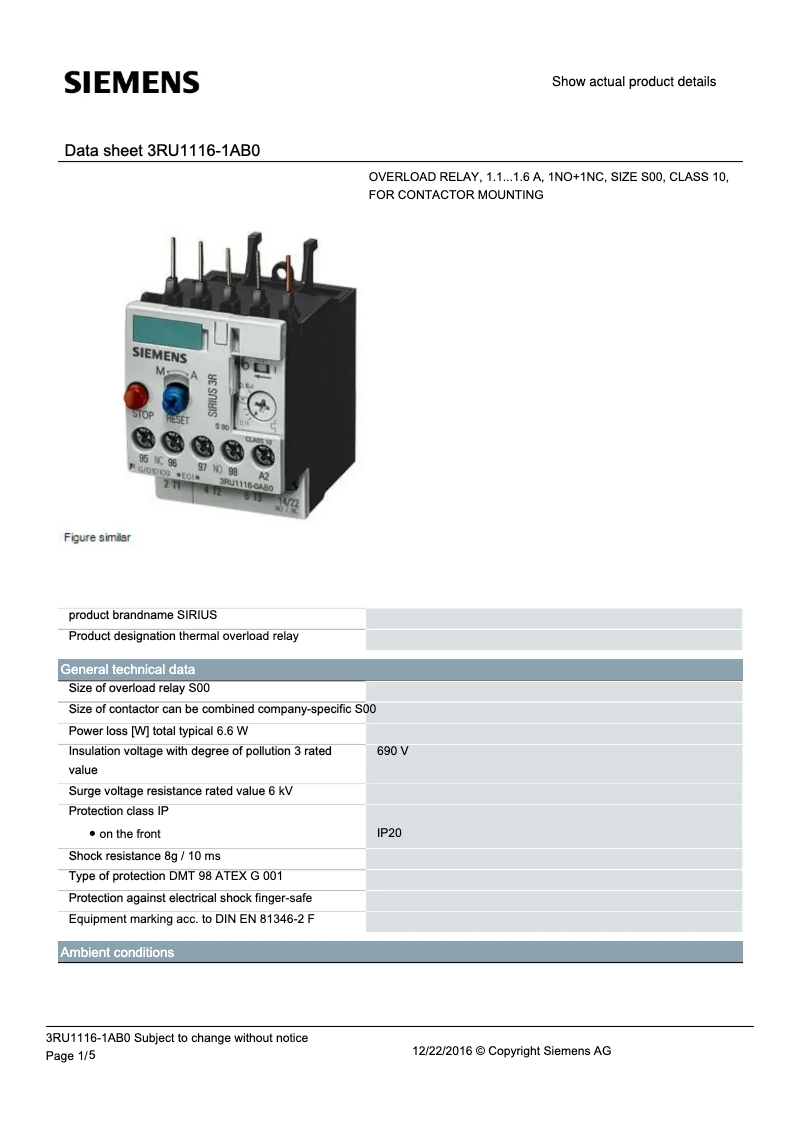 Page 1 de la notice Fiche technique Siemens 3RU1116-1AB0