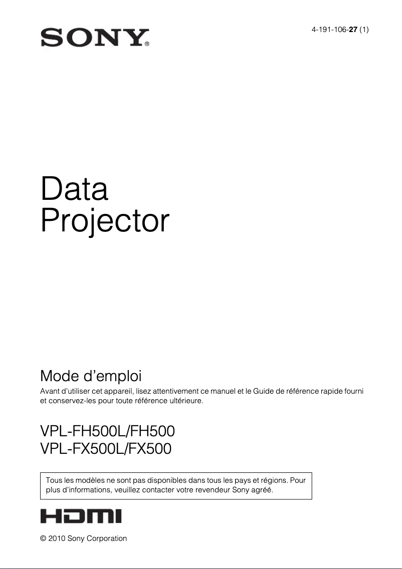 Page 1 de la notice Manuel utilisateur Sony VPL-FH500L